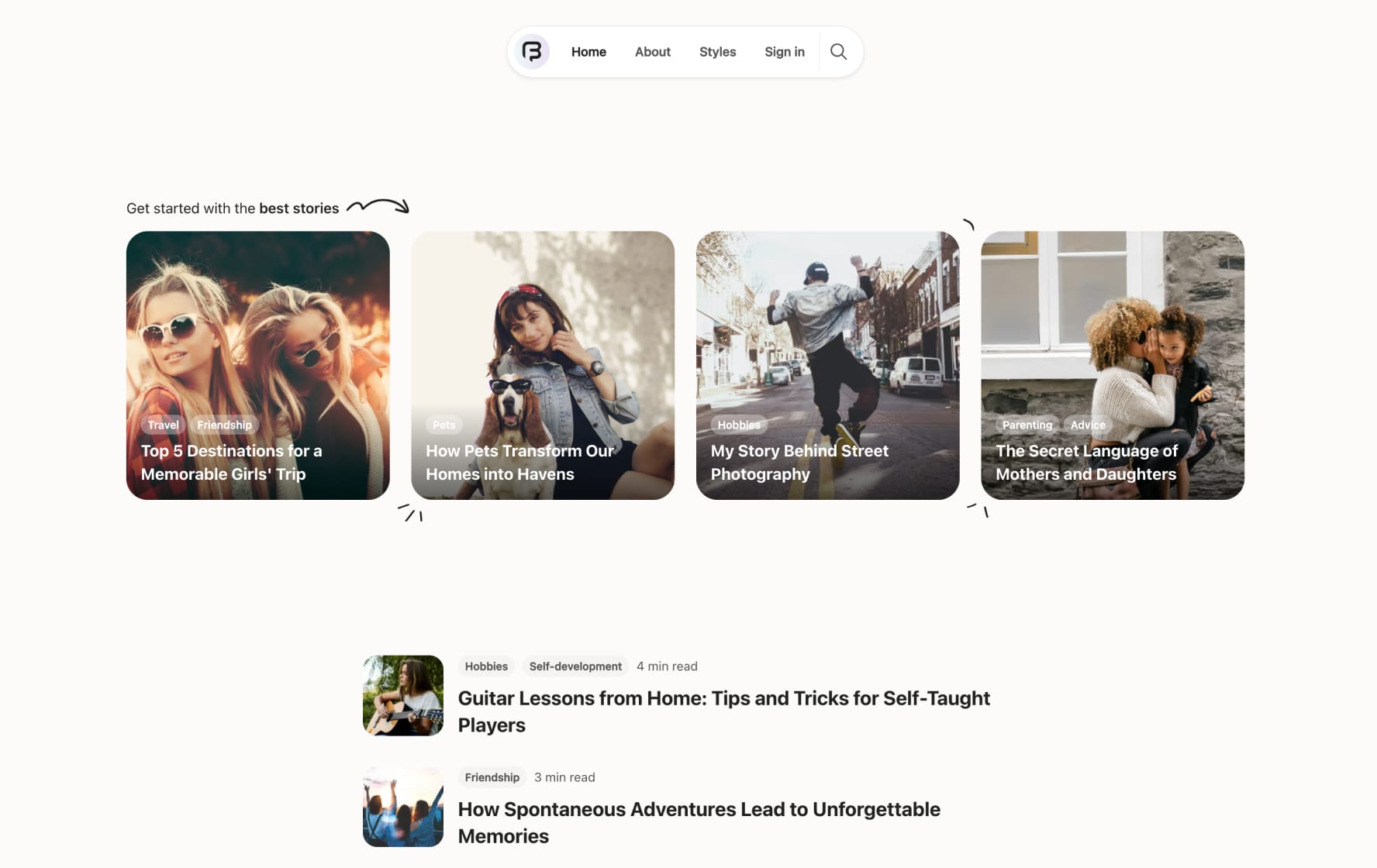 Lifestyle blog homepage using the FineBits Ghost theme