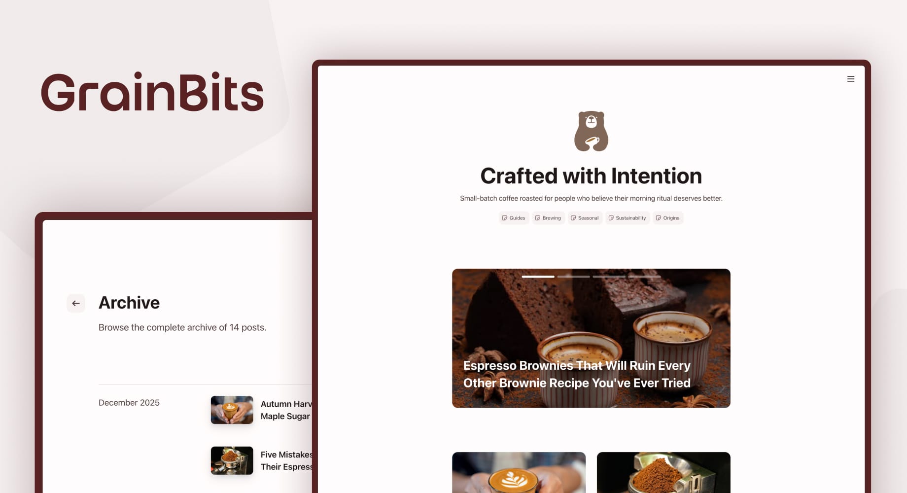 GrainBits Ghost theme demo featuring a specialty coffee brand