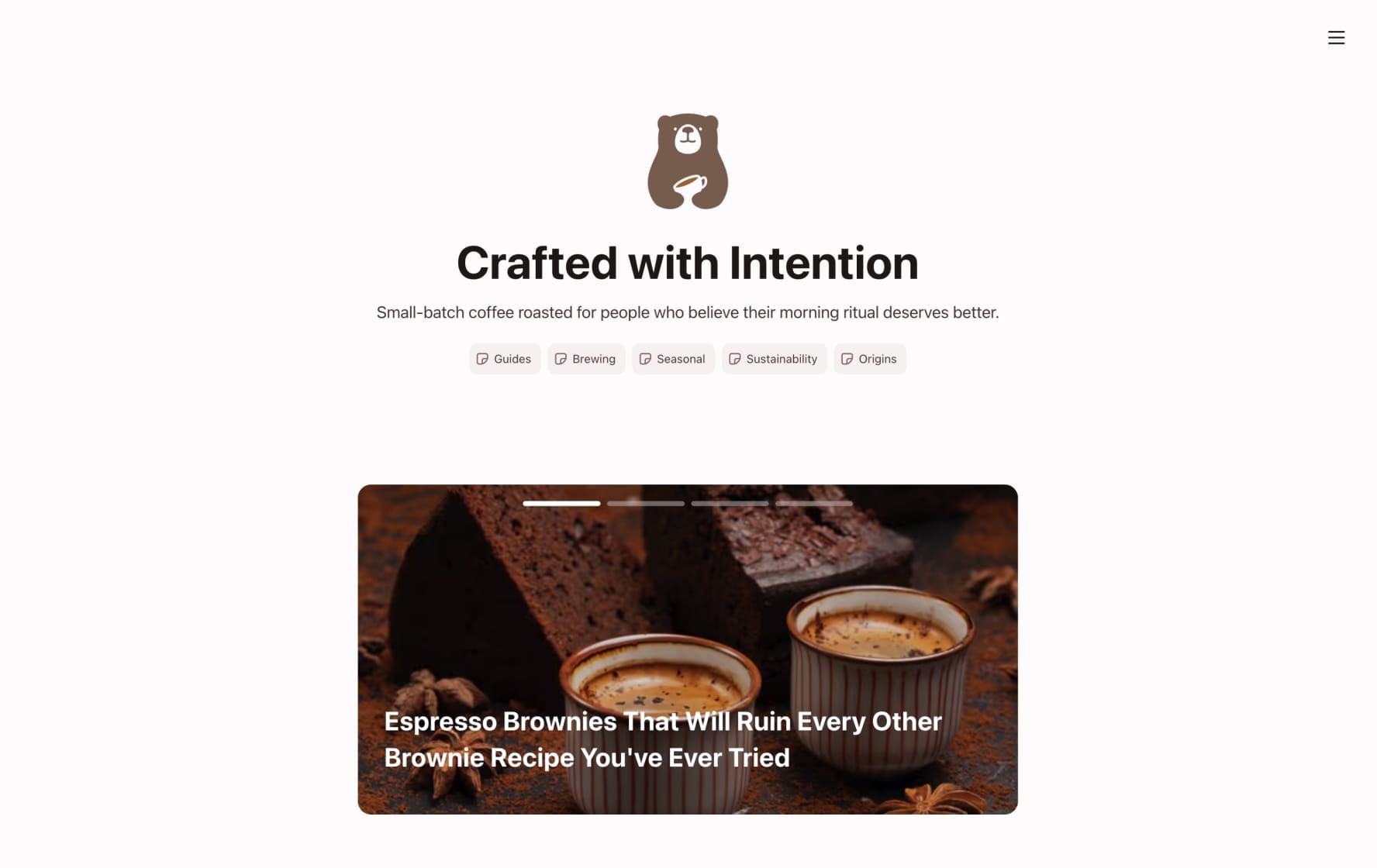 Coffee blog homepage with bear logo and espresso brownies feature card